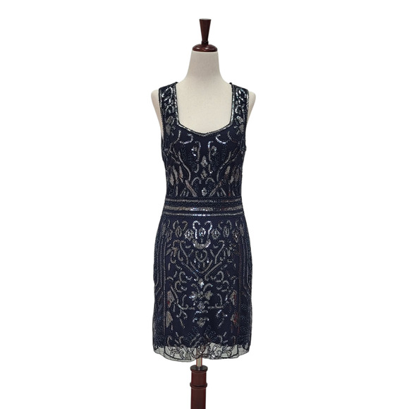 NWT Women's Navy Blue and Silver Sequin Cocktail Short Dress - Picture 4 of 13